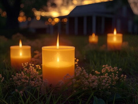 A group of candles are lit in a field, creating a warm and peaceful atmosphere. The candles are placed in a row, with some of them closer to the viewer and others further away