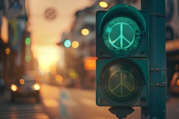 A traffic light with a peace sign on it is lit green - obrazy, fototapety, plakaty