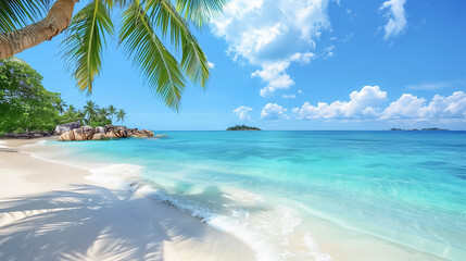 Palm tree leaning over a serene, turquoise beach with clear skies and distant islands, epitomizing...