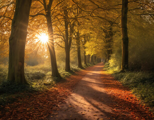 Fototapeta premium Sunlit Autumn Path Through Forest