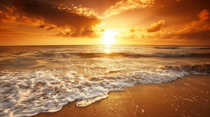 A serene beach scene with  golden sunset AI generated illustration