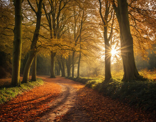 Fototapeta premium Mystical Autumn Forest with Sun Rays
