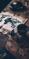 Obraz na płótnie Canvas Título Óculos de sol passaporte e mapa em cima de uma mesa de madeira