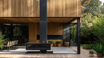 A sleek black chimney contrasting with the warm wood  AI generated illustration
