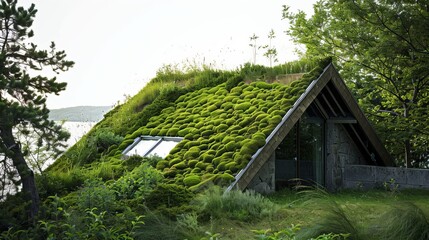 Fototapeta na wymiar A sloping roof covered in moss blending seamlessly w AI generated illustration