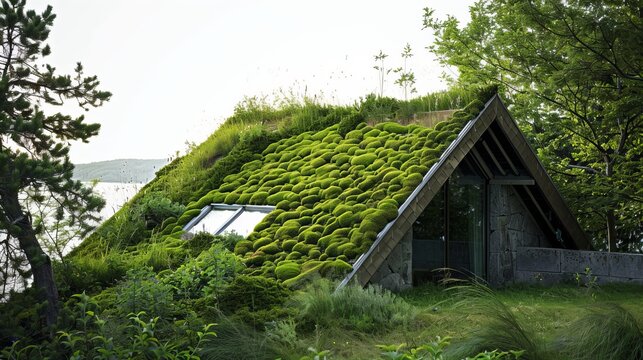 A sloping roof covered in moss blending seamlessly w AI generated illustration
