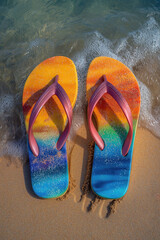 Colorful flip flops on the sand of the beach.