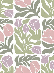 Groovy floral seamless pattern. Retro aesthetic spring flowers, tulips and leaves on white background. Vector illustration.
