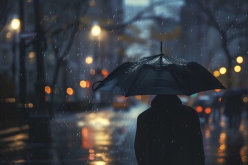 A person is walking down a street with an umbrella in the rain