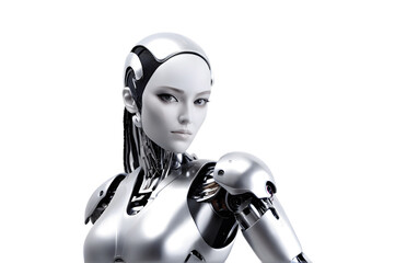 Woman silver metal robot cyborg courier isolated on white.