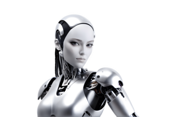 Woman silver metal robot cyborg courier isolated on white.