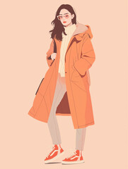 Fashionable young woman in coat and glasses.