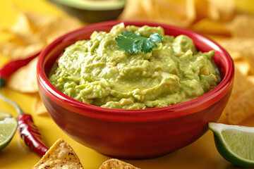 Bowl of guacamole with nachos on yellow background