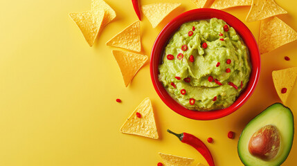 Bowl of guacamole with nachos on yellow background