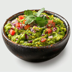 Bowl with tasty guacamole on white background