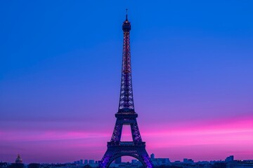 The Eiffel Tower at sunset bathed in soft pink hues towering majestically against a gradient blue and purple sky