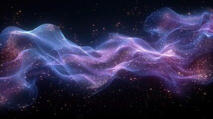 Abstract flowing fluid light particles purple and blue on black background in concept technology, science