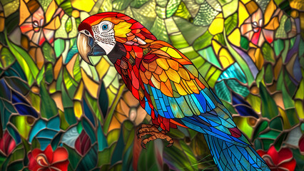 Glass Grove: A Detailed Parrot Amidst Stained Glass Grass