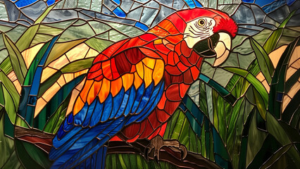 Obraz premium Metallic Melodies: A Detailed Stained Glass Parrot on Grass