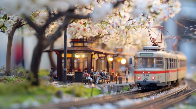 miniature illustration, under the White cherry blossom trees, the tram passes, outdoor
restaurant, miniature coffee in the style of in bokeh panorama