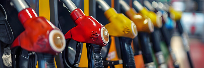 Row of various colored gas pump nozzles in a gas station. Concept of transportation, fuel, energy, and the environment. - obrazy, fototapety, plakaty