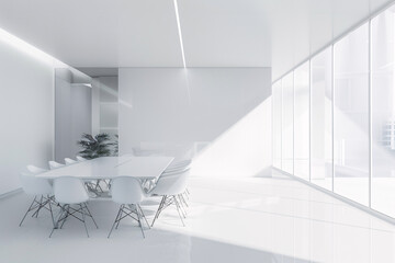 White interior of empty modern conference room with big table and chairs