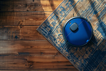 Top view of blue robot vacuum cleaner on the parquet floor with beige carpet