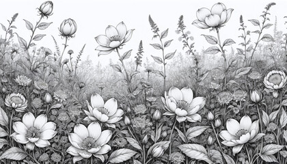 Illustrative black and white image of a close-up of flowering plants in a meadow - ai generated - Powered by Adobe