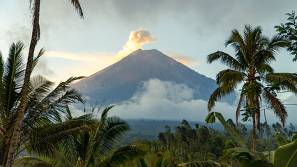 Eruption of Volcano Semeru on the island of Java. The volcano emits ash and smoke. Natural...