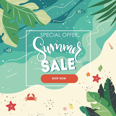 Summer sale banner with beach and sea, different beach elements. Vector illustration in flat style