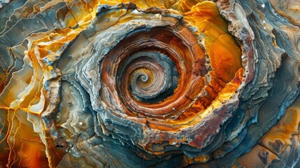 Vivid spiral patterns in a natural rock formation exhibiting complex psychedelic textures and colors - obrazy, fototapety, plakaty