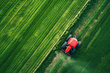 aerial top view of modern tractor working on the summer field