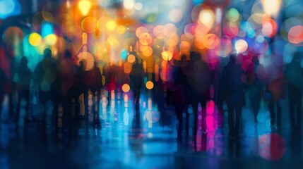 Fototapeta premium Gathering of urban dwellers: abstract blur of cityscape with crowded streets and silhouettes