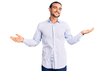 Young handsome man wearing business clothes smiling showing both hands open palms, presenting and advertising comparison and balance