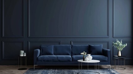 Moody elegance: navy blue and gray designed living room or business lounge with blank wall mockup for custom backgrounds