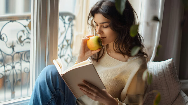 Beautiful young woman enjoying apple while reading interesting book at home