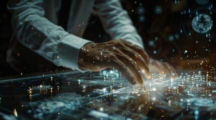 Engaging visual display: Finger directs attention to a computer screen featuring a captivating blue background and dynamic orange lines, capturing curiosity