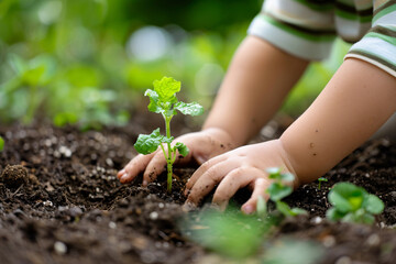 close up of child's hands planting plant in the ground