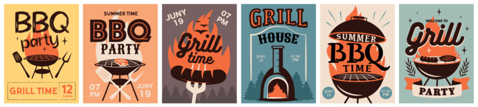 BBQ time, grill party retro poster set