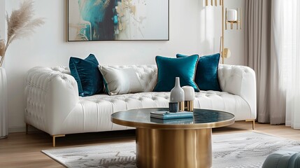 Captivating art deco interior: modern living room with golden round coffee table, white sofa, teal pillows, and elegant wall poster