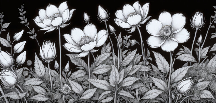 Illustrative black and white image of a close-up of flowering plants in a meadow - ai generated