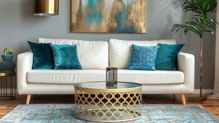 Captivating art deco interior: modern living room with golden round coffee table, white sofa, teal pillows, and elegant wall poster