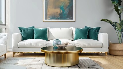 Captivating art deco interior: modern living room with golden round coffee table, white sofa, teal pillows, and elegant wall poster