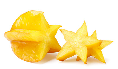 Carambola fruit cut into pieces on a white background. Isolated - 774981154