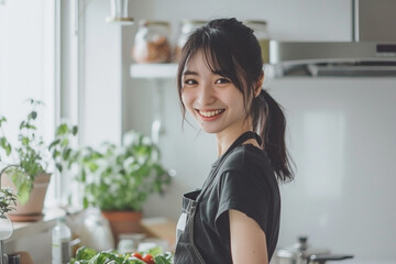 A young asian woman with a pony tail cooking in a white kitchen, smiling and looking at the camera.