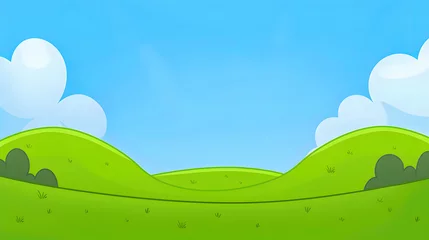 Meubelstickers Simple cartoon landscape of vibrant green hills under a clear blue sky with fluffy white clouds.  © Kolapatha