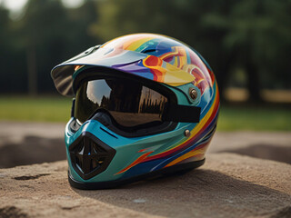 motorcycle helmet on the stone. generative AI.