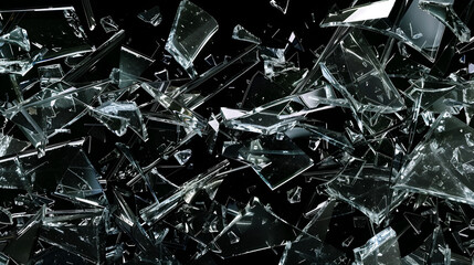 Contrasting Stark Black Background Accentuates Shattered Glass Fragments. AI generative.