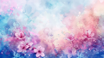 A watercolor painting of pink flowers with a blue background