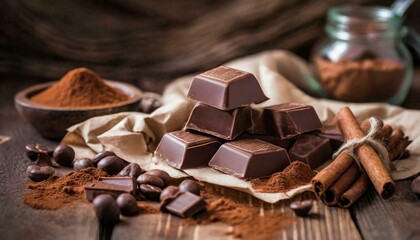 Pieces of chocolate bars on rustic wooden background. Silky paper for food in the composition.
 - Powered by Adobe